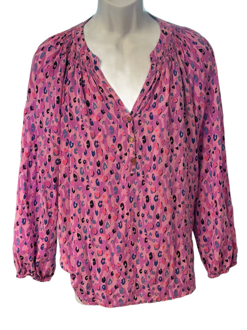 LILLY PULITZER Pink Multicolor Pattern Long Sleeve Blouse 100% Silk Size XXL